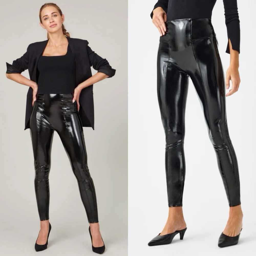 NEW SPANX BLACK PATENT LEATHER TUMMY CONTROL SCULPTING SLIMMING LIQUID LEGGINGS